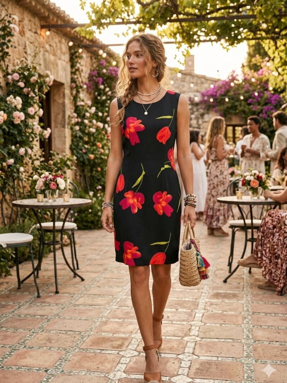 Vintage 90s Black Floral Midi Dress Romantic Wedding Guest Garden Party Size 8